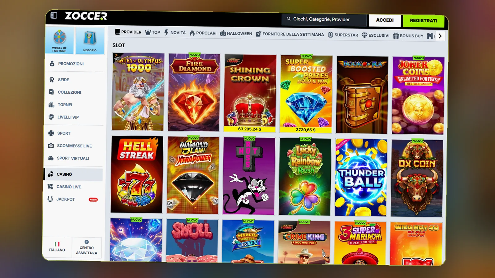 L'elenco delle slot nella lobby, con il menu laterale e i filtri Provider, Top, Novità e Popolari in alto