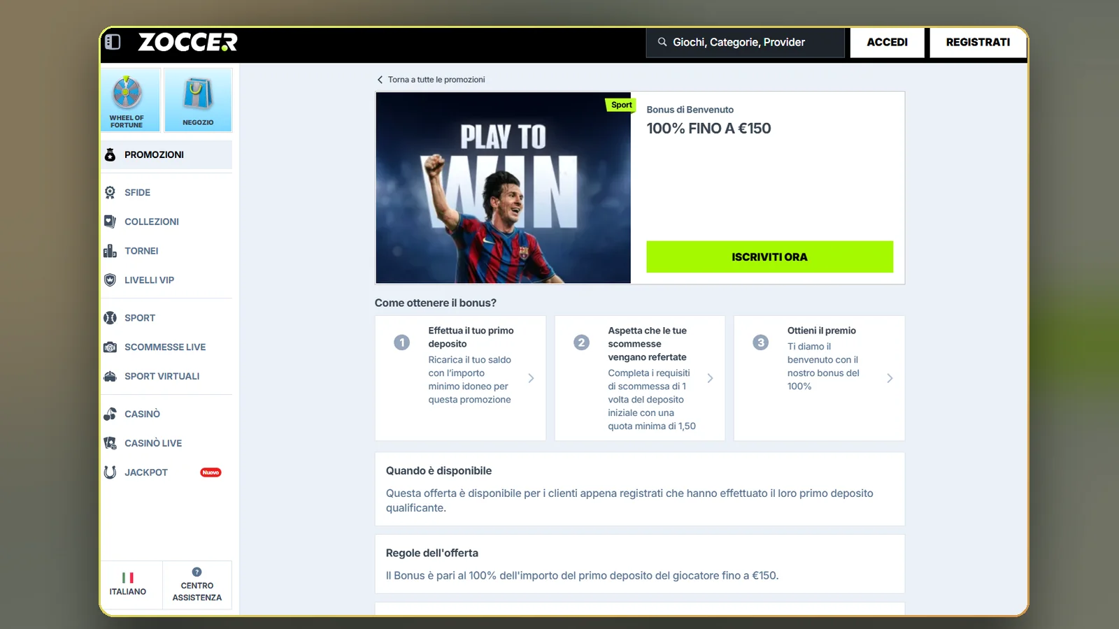 La pagina promozionale del bonus sport: 100% fino a €150, il pulsante Iscriviti ora e le sezioni Quando è disponibile e Regole dell'offerta