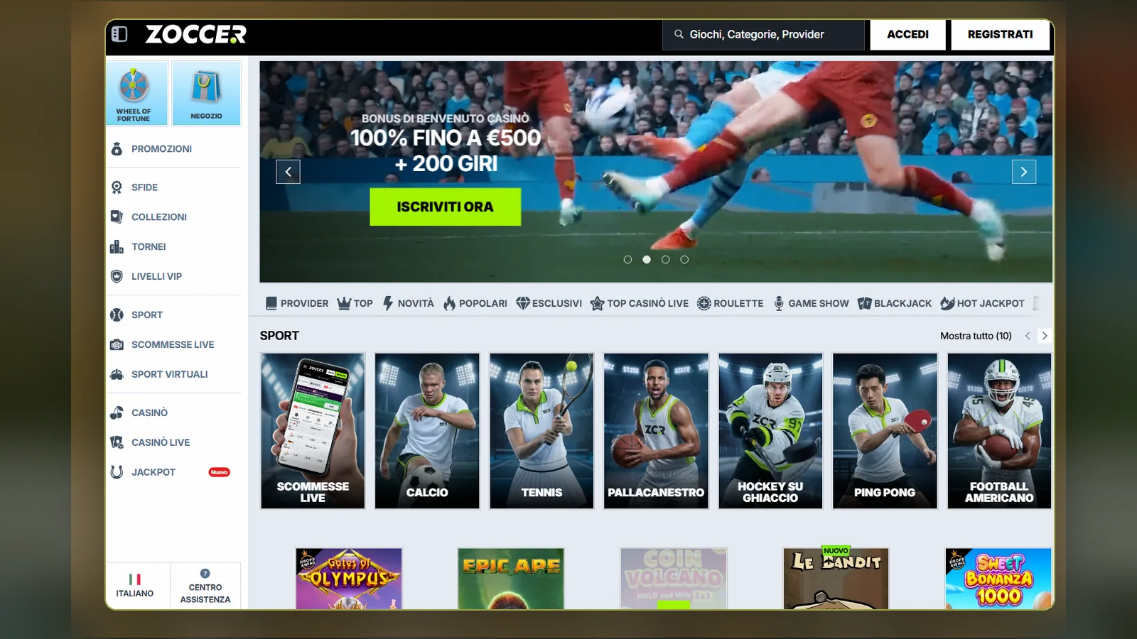 La home del casinò con il menu laterale, il banner promozionale standard 100% fino a €500 + 200 giri e la riga Sport con calcio, tennis e pallacanestro