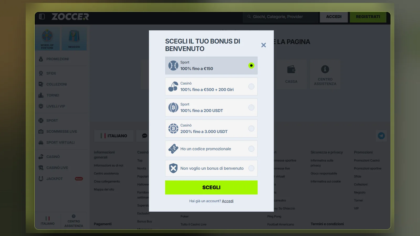 La finestra Scegli il tuo bonus di benvenuto sopra la pagina del sito, con le opzioni sport, casinò, cripto, codice promozionale e nessun bonus